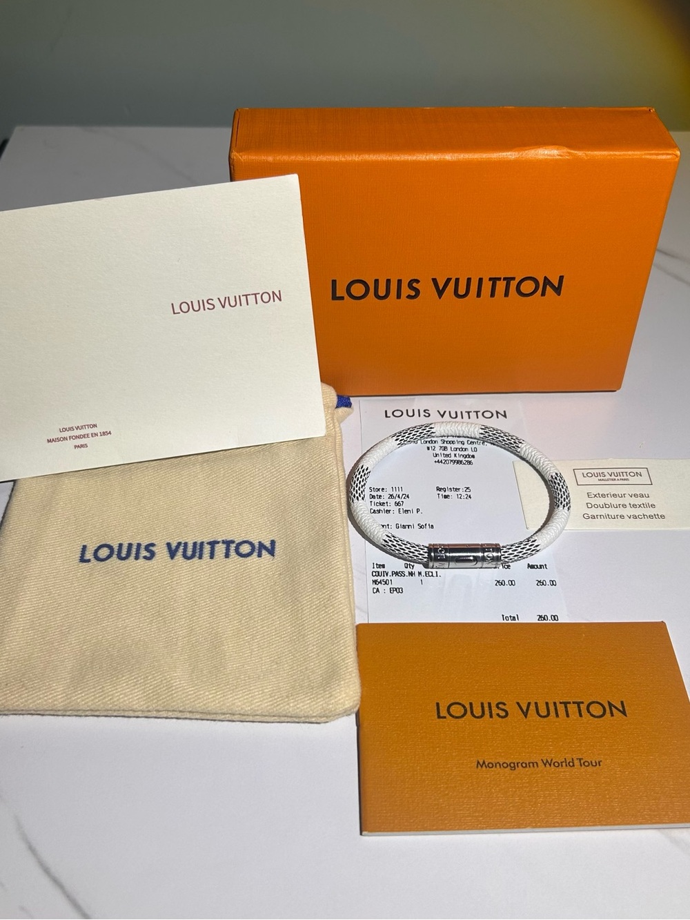 Louis Vuitton White and Black Damier Bracelet with Polished Silver Clasp